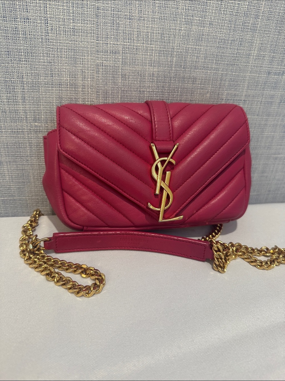 Saint Laurent Fuchsia Chevron Quilted Leather Chain Crossbody